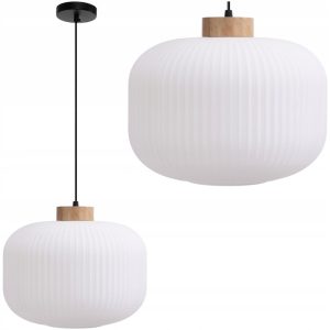 Lampa Wisząca Frezowana Szklana Biała / Drewniana 30 APP1069-CP