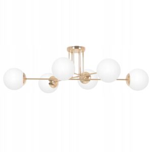 Lampa Sufitowa Wisząca Do Salonu Minimalistyczna Złota Połysk 6 Kul Białe Duża 105cm K-5404