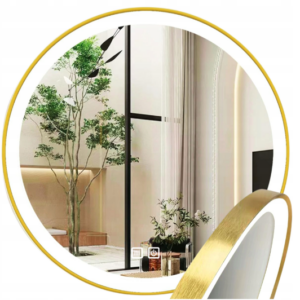 Lustro Łazienkowe Okrągłe Rama Złota Szczotkowana MMJ LED Pochłaniacz Pary Zmiana Barwy 50 cm